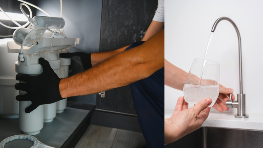 Wasserfilter unter Spüle, Glas mit gefiltertem Wasser.