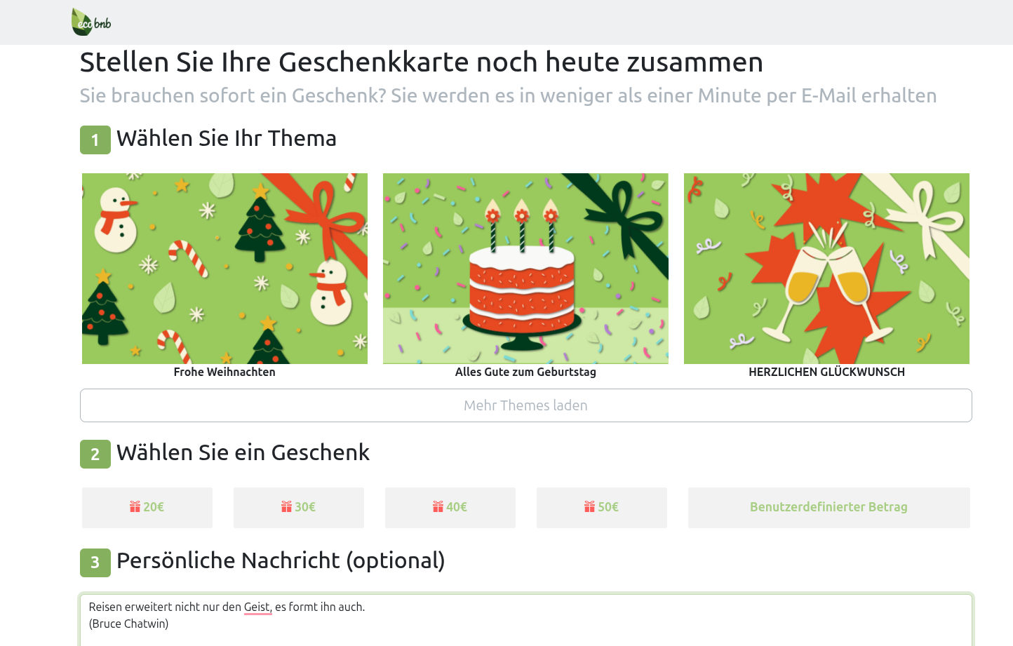 Beim Erstellen deiner Ecobnb-Geschenkkarte kannst du dein Lieblingsreise-Zitat hinzufügen.