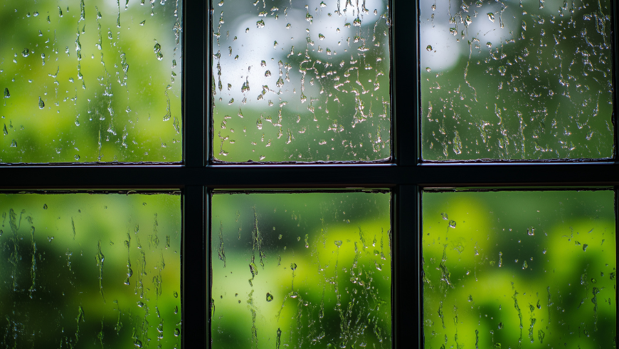 Naturklänge tun gut. Regentropfen, die an einer Fensterscheibe herunterlaufen, mit einem verschwommenen Garten im Hintergrund – ein Sinnbild für das beruhigende „pinkes Rauschen“ des Regens.