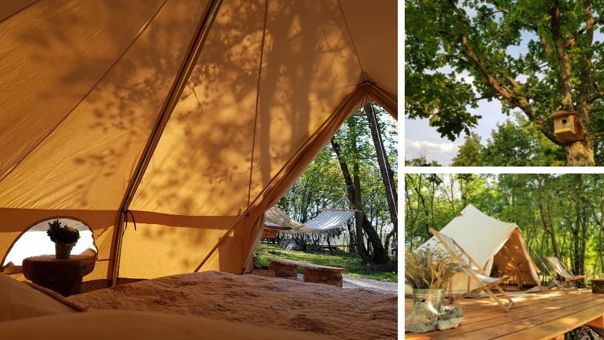 Collage-Bild, das links den warmen Innenraum eines Bell-Tents mit Bett und Blick auf eine Hängematte zeigt, oben rechts ein Nistkasten in einem Baum und unten rechts ein weiteres Bell-Tent mit Liegestühlen im Wald.