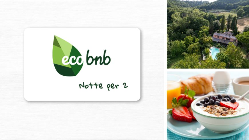 Ein Ecobnb-Gutschein für eine „Notte per 2“ neben Bildern einer grünen Landschaft mit Pool und eines gesunden Frühstücks mit Müsli und Früchten.