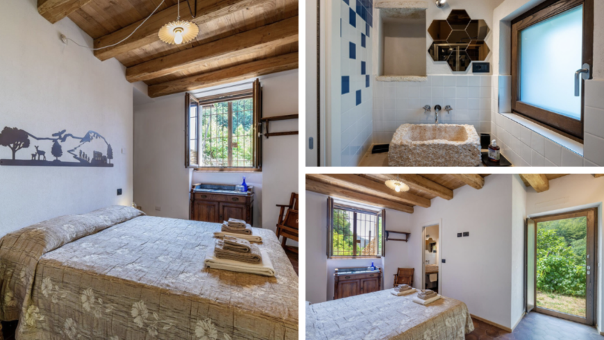 Zimmer "Pietra" (Stein) mit Steindetails und beige Dekorationen