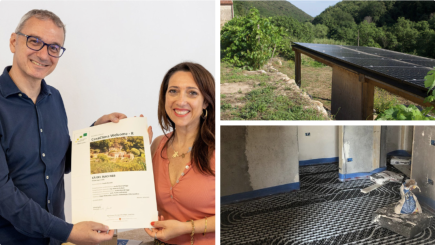 Bild den Gastgebern mit der Zertifizierung und Bilder der Renovierung mit Photovoltaikanlage und anderen nachhaltigen Projekte