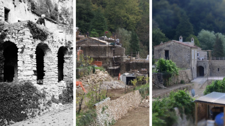 Historisches Foto des Hauses aus Steinen in den 40ern und dann Fotos der Renovierung in 2020 und 2022