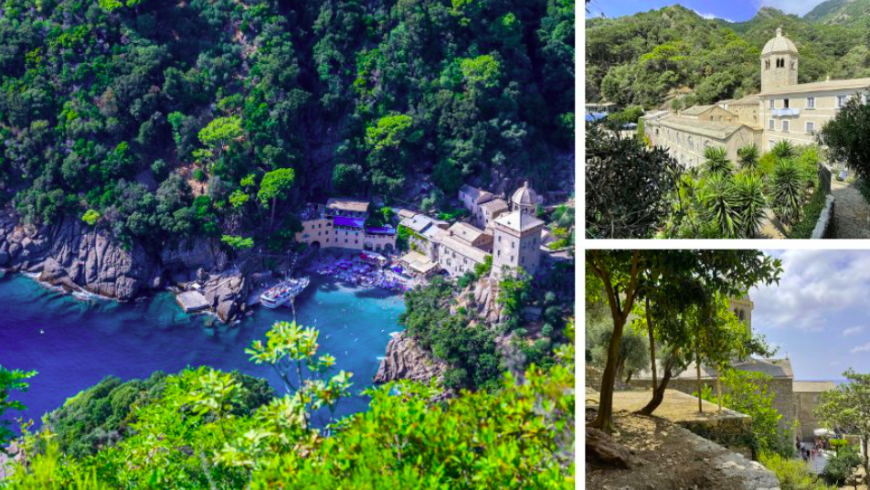 Wandern von San Fruttuoso zur Cervara: Abtei San Fruttuoso, Blick von oben aufs Meer und entlang des Wanderpfads. 