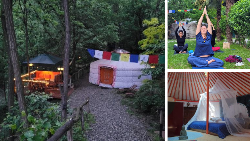 Garten mit Yurten und Yoga