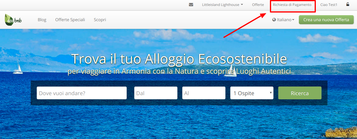 Homepage de Ecobnb, después del login, arriba a la derecha del menú encuentras el botón “Solicitud de pago”.