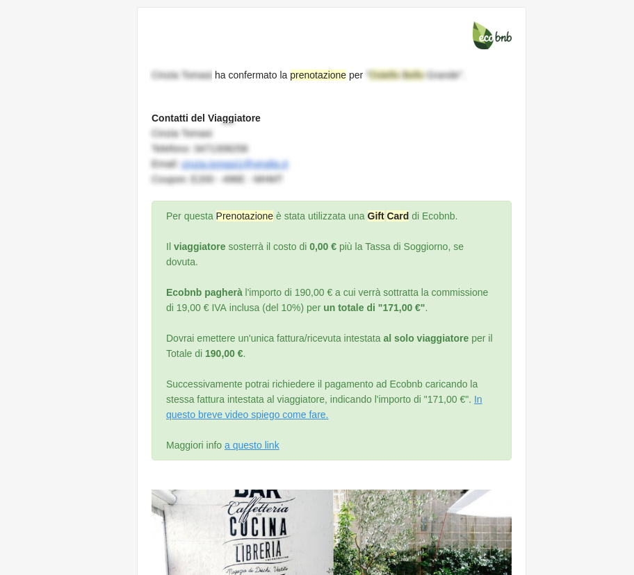 Ejemplo de un mensaje con Green Box que distingue la Reserva con Tarjeta de Regalo (Tarjeta de Regalo)