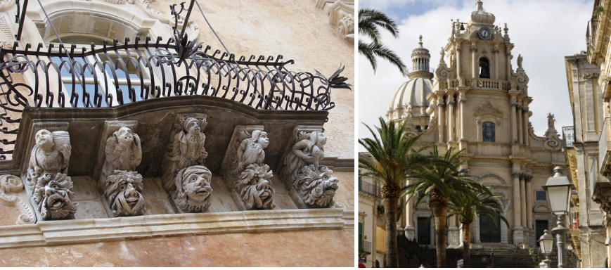 A la izquierda, detalle decorativo en la fachada del Palazzo Cosentini. A la derecha, la catedral de San Jorge en Ragusa Ibla.