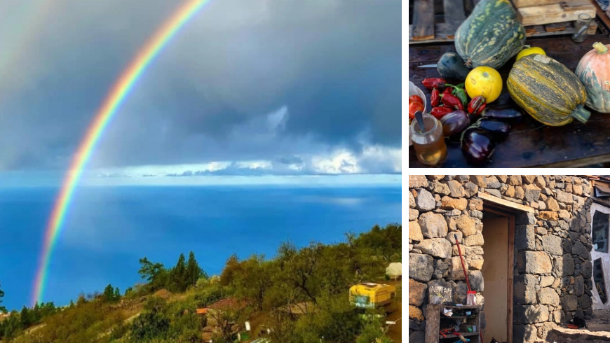 arcoíris cerca de la estructura de piedra, frutas y verduras a km0