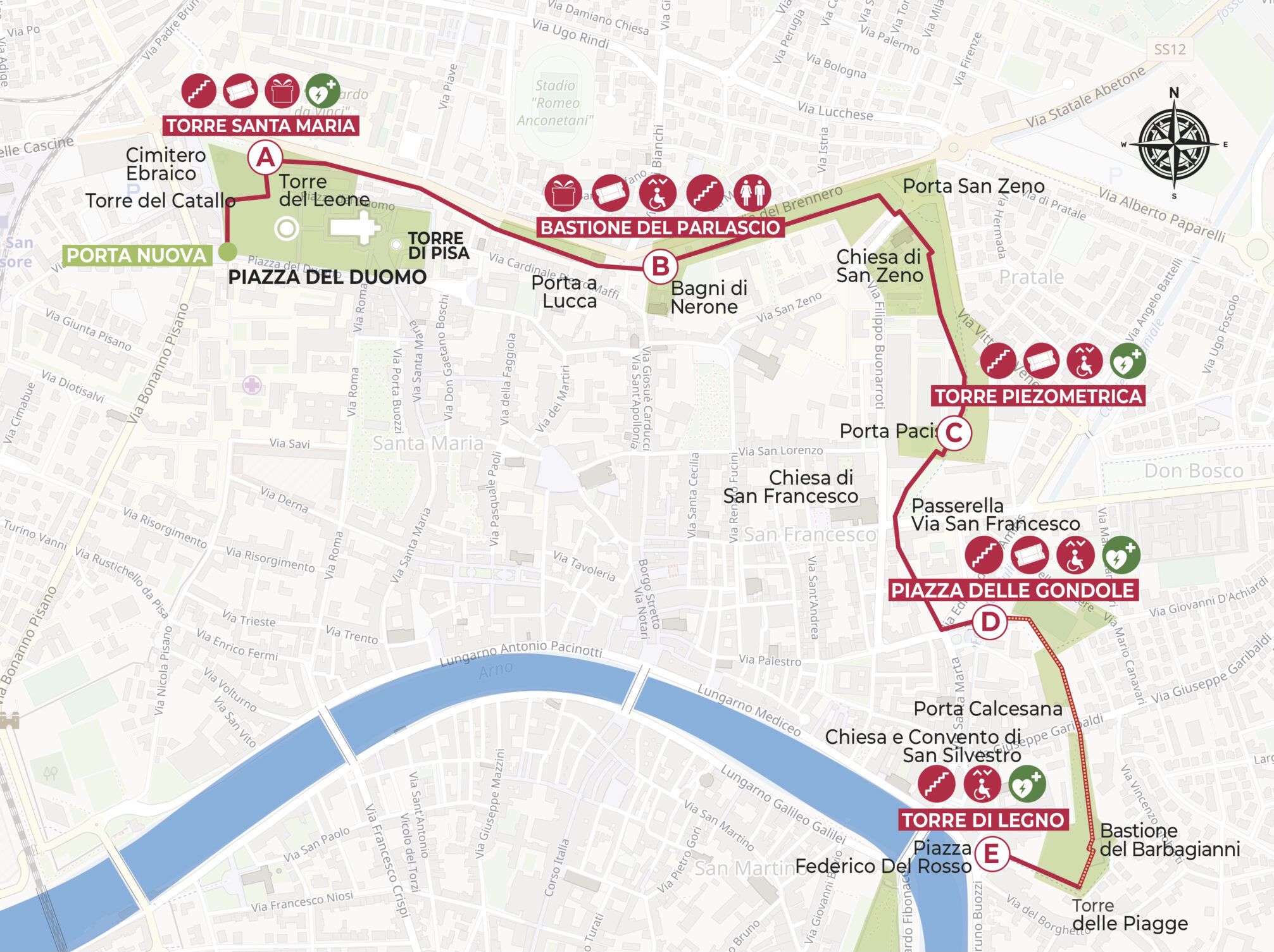 Mapa del itinerario de tres kilómetros sobre las murallas medievales de Pisa