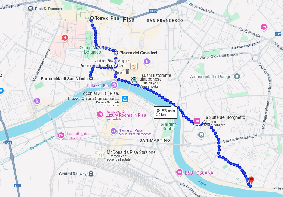 Mapa del itinerario a pie para descubrir las tres torres inclinadas de Pisa