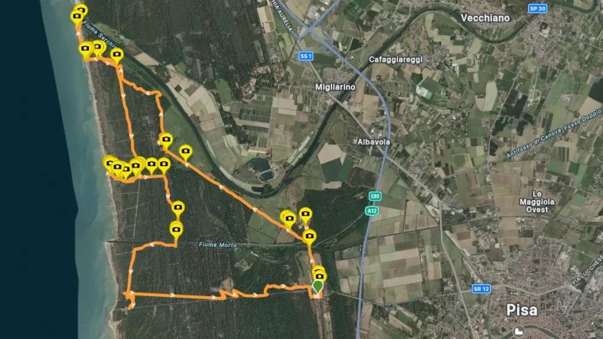 Mapa de la ruta de 30 km en bicicleta en el Parque de San Rossore, Pisa