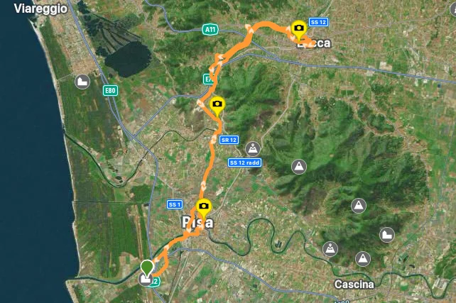 Mapa del itinerario en bicicleta de Pisa a Lucca