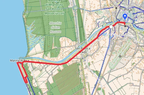 Mapa de la ruta en bicicleta de Pisa a Marina di Pisa