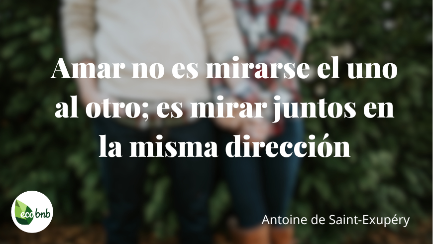 Una pareja se toma de la mano frente a un paisaje verde, mientras aparece sobreimpresa la famosa cita de Antoine de Saint-Exupéry: “Amar no es mirarse el uno al otro, sino mirar juntos en la misma dirección”. Una imagen que cuenta el vínculo entre amor y viaje, entre compartir y descubrir.