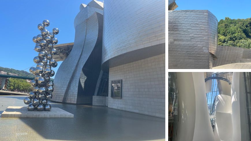 Collage de detalles del Guggenheim Bilbao: exterior del museo, escultura Tall Tree & The Eye de Anish Kapoor en el estanque, fachada de titanio, paredes curvas y grandes ventanales.