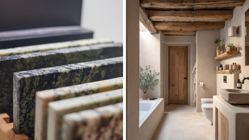 Sur la photo de gauche on voi des dalles de marbre et sur la photo à droite on voit une salle de bains réalisée avec des matériaux durables comme le bois et la pierre.