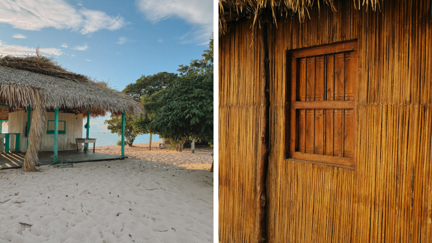 Sur la photo de gauche on voit l'extérieure d'une cabane à la plage avec le toit en paille. Sur la photo de droite on voit la fenêtre d'une cabane en bambou et paille.