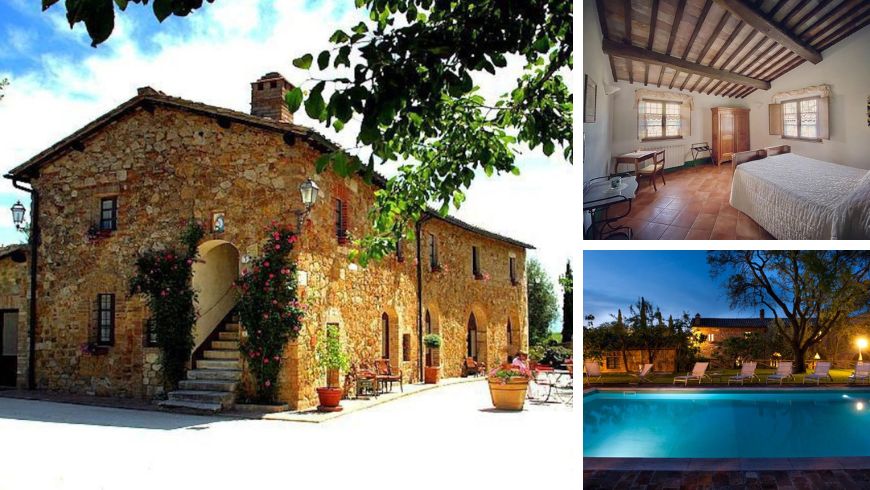 Maison rurale en pierre avec cour extérieure, piscine et intérieur rustique.