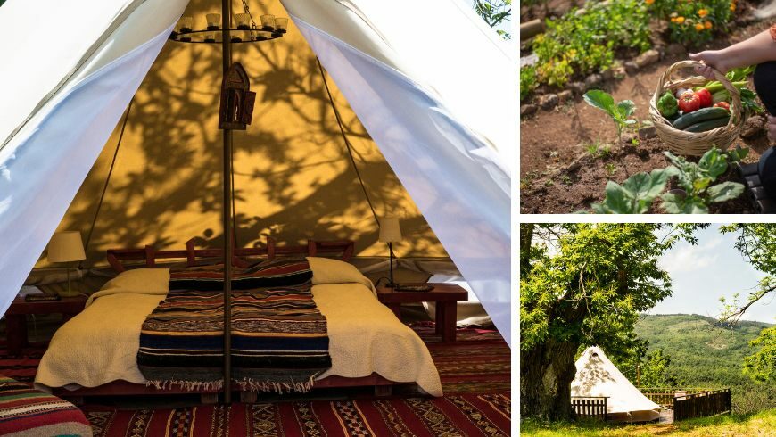 À gauche photo d'une tente du glamping, à droite en haut photo du jardin potager et en bas photo d'une autre tente dans la nature.
