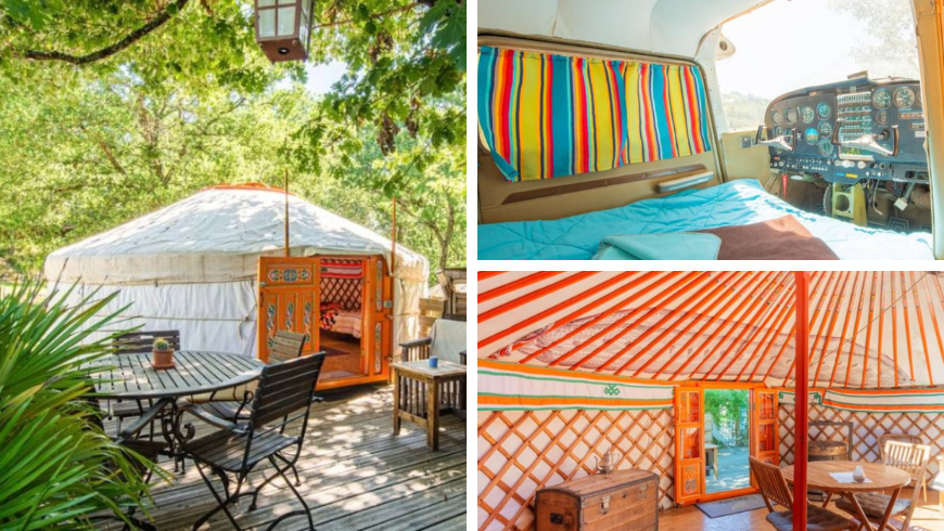 À gauche photo d'une yourte du camping, à droite photos des intérieurs des logements.