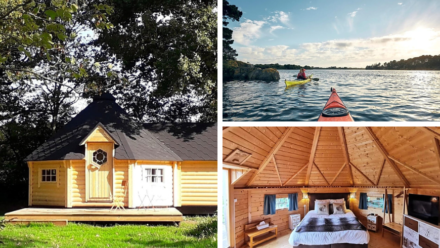 À gauche photo d'une cabane du glamping, à droite en haut photo d'un lac et en bas photo de l'intérieur d'une cabane.