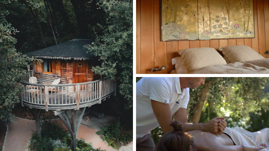 À gauche photo d'une maison dans les arbres, à droite en haut photo de l'intérieur de la maison et en bas photo d'une personne qui fait un massage