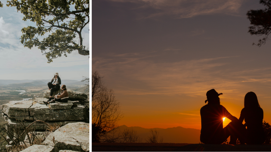 À gauche de deux personnes regardant le paysage, à droite un couple regardant le coucher du soleil.