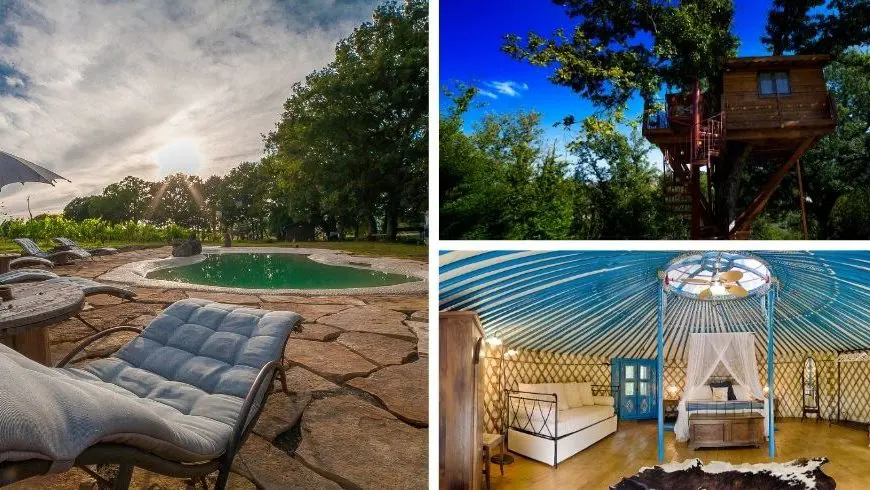 Collage d’un hébergement en pleine nature avec une piscine naturelle extérieure entourée d’arbres et l’intérieur d’une yourte avec un lit double.