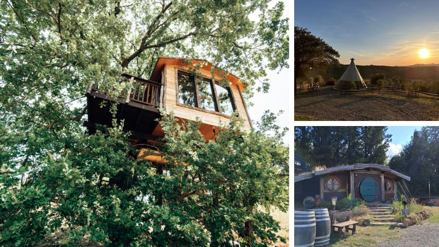 Cabane dans les arbres, maison Hobbit et tente en pleine nature, glamping Il Sole en Toscane