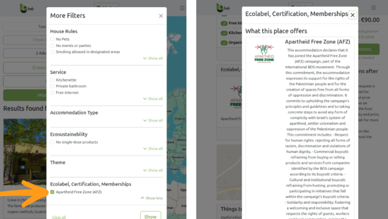 Logo SPLAI – Espace Sans Apartheid affiché à côté d’autres labels et certifications sur la fiche d’un hébergement Ecobnb